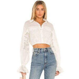 Tularosa‎ Shirt Women XS White Cotton Eyelet Collared Button Down Fiona Crop Top
